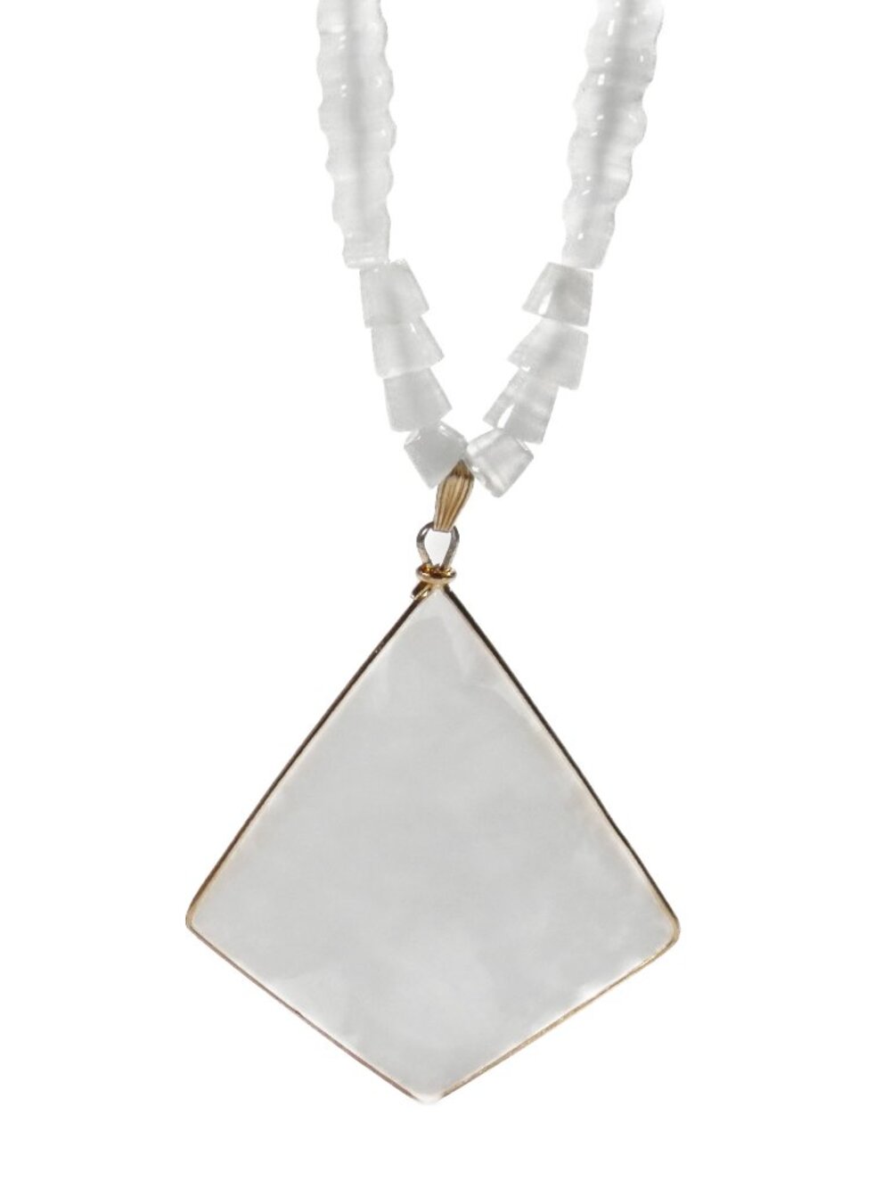 Vtg White Carved Agate Stone Diamond Shaped Large Pendant Necklace